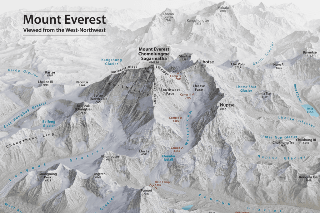 "Mount Everest viewed from the West-Northwest" "Nepal"