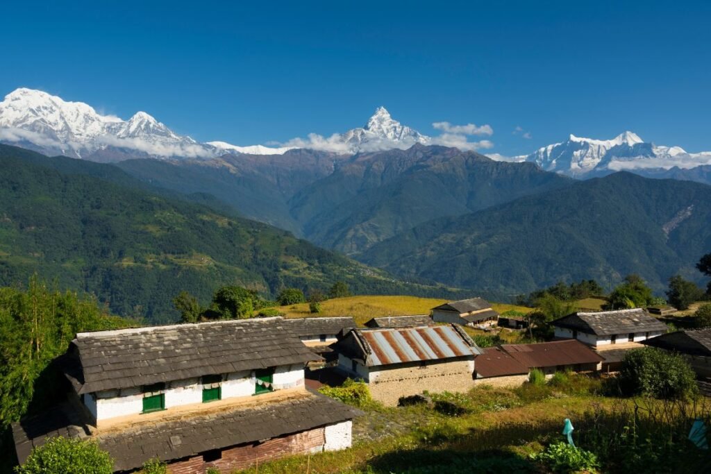 Dhampus village in Nepal with machhapuchere mountain