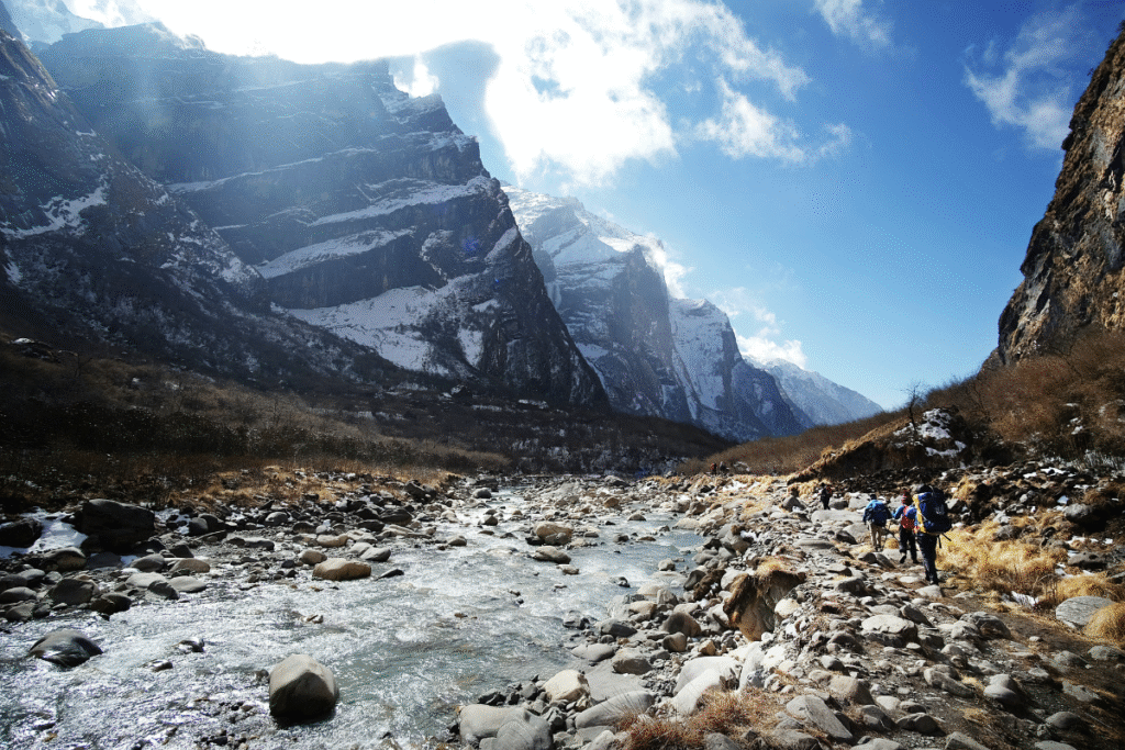 "Trekkers trekking to Annapurna base camp"